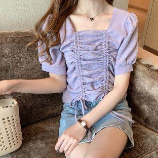 Short-sleeve Square-neck Drawstring Crop Top