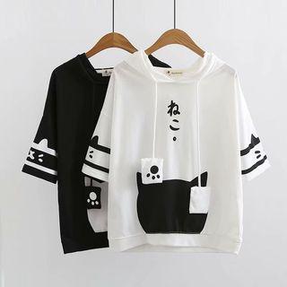 Hooded Cat Printed Elbow-sleeve T-shirt
