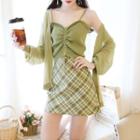 Set: Spaghetti Strap Drawstring Knit Top + Plaid Mini Skirt + Light Jacket