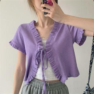 Short-sleeve Ruffle Trim Drawstring Knit Cardigan