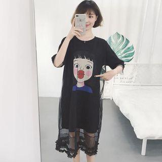 Mesh Overlay Printed Elbow-sleeve T-shirt Dress