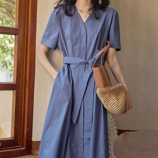 Short-sleeve V-neck Button-up Maxi A-line Dress