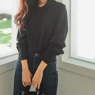 Frill-neck Open-placket Blouse