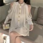 Long Sleeve Cutout Shoulder Mock-neck Plain Single Breasted A-line Mini Dress