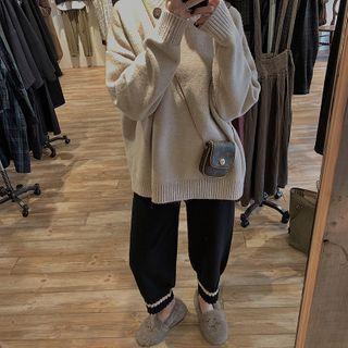 Buttoned Sweater / Striped Cropped Harem Pants / Set