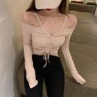 Long-sleeve Cold Shoulder Drawcord Crop Top Almond - One Size