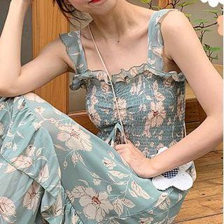 Sleeveless Floral Midi A-line Dress Green - One Size