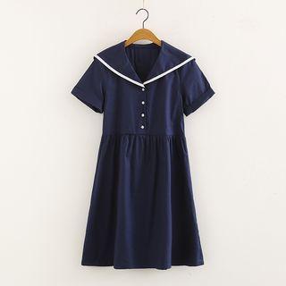 Sailor Collar Short -sleeve A-line Dress Navy Blue - One Size
