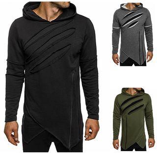 Asymmetrical Zip-detail Slashed Hooded Top