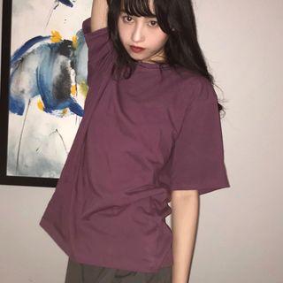 Plain Loose-fit T-shirt Purple - One Size