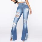 High-waist Distressed Washed Bell Bottom Jeans