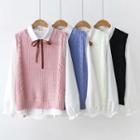 Set: Tie-neck Shirt + V-neck Cable-knit Vest
