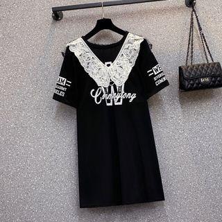 Lace Collar Gingham Panel Mini T-shirt Dress