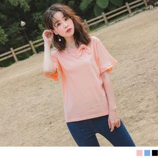 Frilled Short-sleeve Bow-accent Top