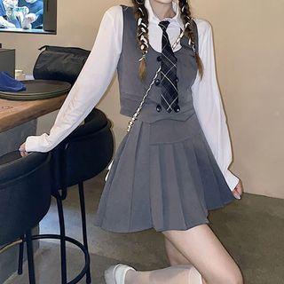 Plain Shirt / Mini Pleated Skirt / Plaid Tie / Double-breasted Vest