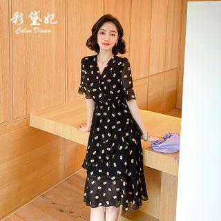 Dotted Short-sleeve V-neck Ruffle Trim Midi A-line Dress