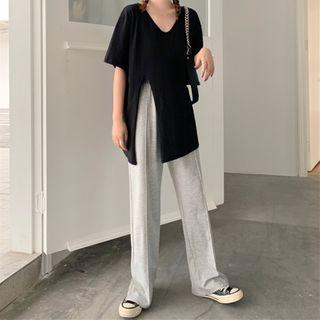 Short-sleeve Slit T-shirt / Wide Leg Pants