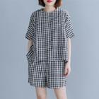 Set: Plaid Elbow-sleeve Top + Shorts Top - Gingham - Black & White - One Size / Shorts - Gingham - Black & White - One Size