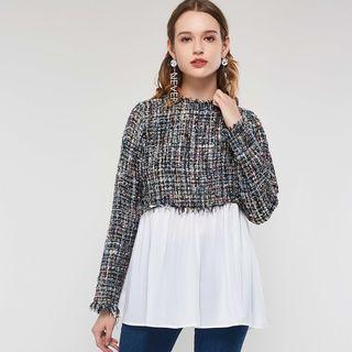 Tweed Panel Long-sleeve Top