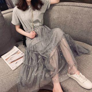 Mock Two-piece Short-sleeve Sequined Mesh Panel Midi A-line Dress