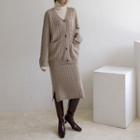Knit Set: V-neck Cardigan + Midi H-line Skirt Beige - One Size