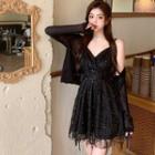 Spaghetti Strap Sequined Fringed A-line Dress / Cardigan