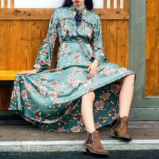 Floral Stand-collar Long Sleeve Midi Dress