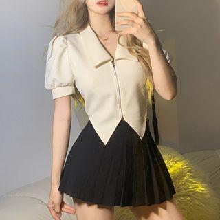Short-sleeve Polo Collar Plain Zip Up Cropped T-shirt