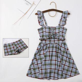 Set: Sleeveless Plaid Swim Dress + Shorts