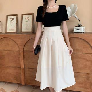Square-neck Plain T-shirt / Midi A-line Skirt