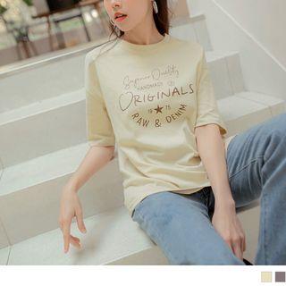 Elbow-sleeve Drop Shoulder Letter Print T-shirt