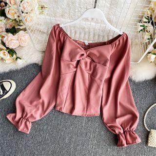 V-neck Plain Long-sleeve Crop Shirt