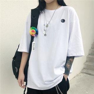 3/4-sleeve Embroidered T-shirt As Shown In Figure - One Size