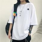 3/4-sleeve Embroidered T-shirt As Shown In Figure - One Size