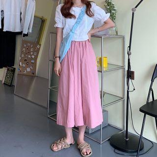 Lace Trim Short-sleeve Blouse / Cropped Wide-leg Pants