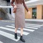 Plaid Woolen Midi Pencil Skirt