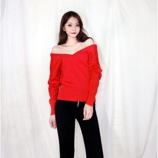 Off-shoulder Print Knit Top Red - One Size