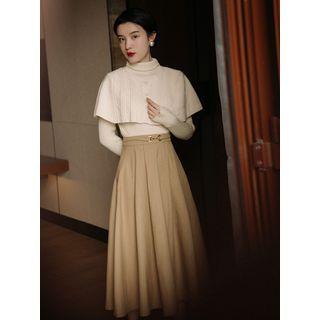 Set: Turtleneck Sweater + Cape + Midi A-line Skirt
