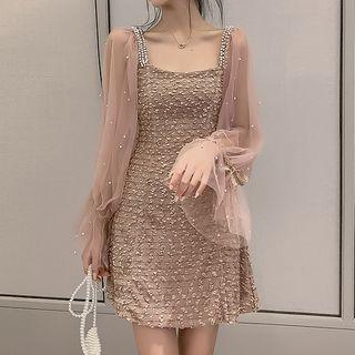 Puff-sleeve Beaded Mini Dress