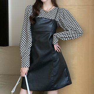 Set: Checkerboard Blouse + Faux Leather Mini A-line Overall Dress