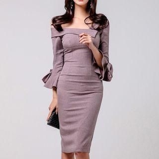 3/4-sleeve Diagonal Neck Sheath Dress