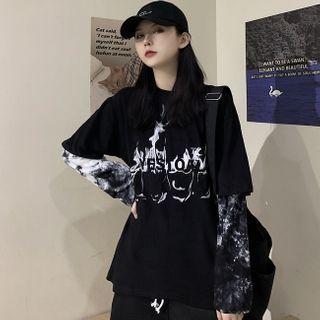 Mock Two-piece Tie-dye Print Panel T-shirt Black - One Size