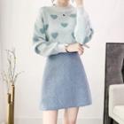 Furry Heart Sweater / Rhinestone A-line Mini Wool Skirt / Set