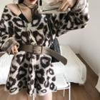 Loose-fit Leopard-print Furry Knit Cardigan With Belt As Shown In Figure - One Size