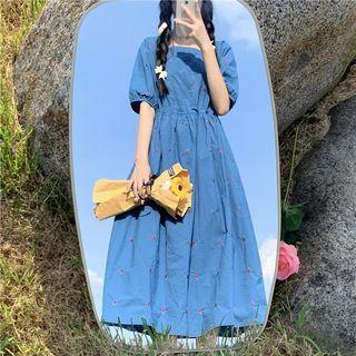 Puff-sleeve Flower Embroidered Midi Smock Dress