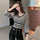 Long-sleeve V-neck Knit Top Stripe - Black & White - One Size