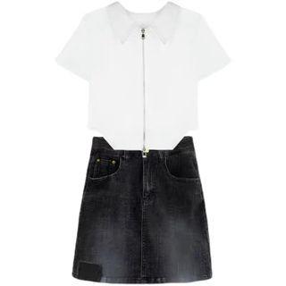 Short-sleeve Collar Plain Zip Top / High Waist Mini Pencil Skirt