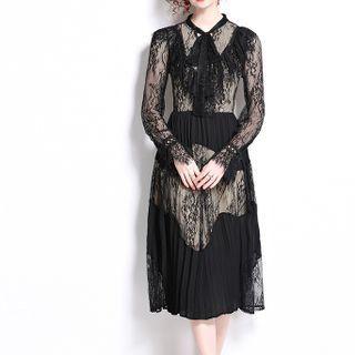 Long-sleeve Paneled Ruffled A-line Lace Dress