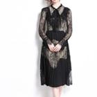 Long-sleeve Paneled Ruffled A-line Lace Dress