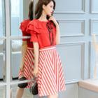 Set: Ruffled Short-sleeve Top + Striped A-line Skirt